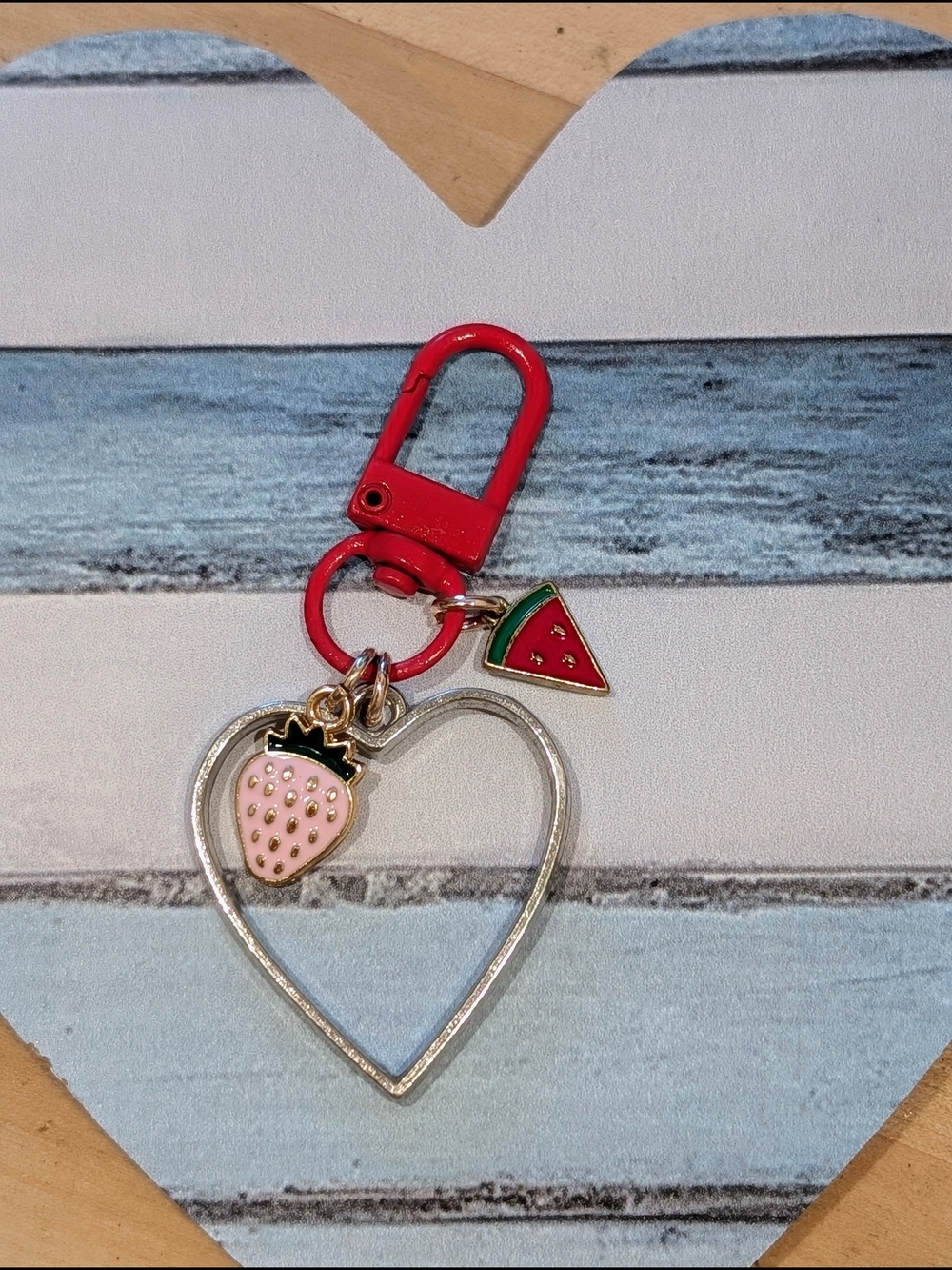 Red Heart Keychain with Pink Strawberry & Watermelon Charms